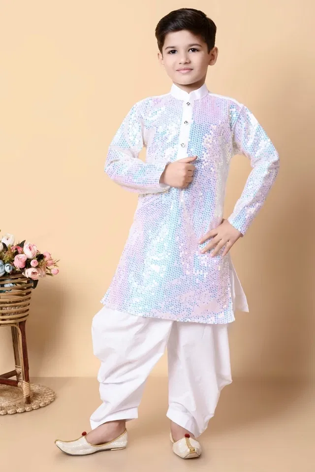 Dupion Silk Embellished Kurta with Dhoti for Boys, White (4-5 Years)