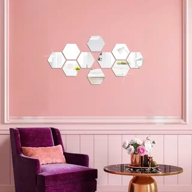Acrylic Hexagon Shaped Wall Mirror Stickers (Silver, Pack of 10)