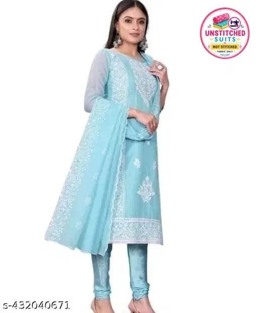 Chanderi Cotton Embroidered Pakistani Suit for Women (Blue, Un Stitched)