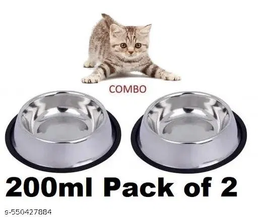 Cat and Puppy Round Shaped Double Bowl Food & Water Feeder 2-in-1 Bowl Stainless Steel Pet Bow ,200ml ,(Pack of 2)