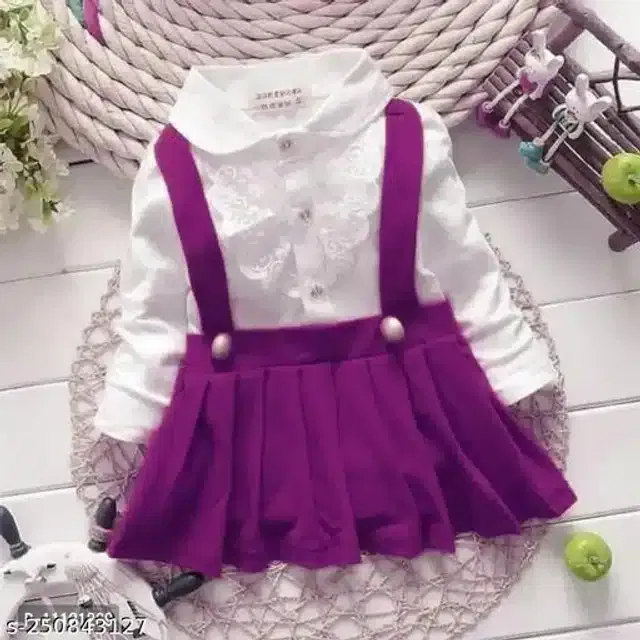 Crepe Full Sleeves Dress for Girls (White & Purple, 12-18 Months)