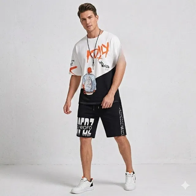 T Shirt and Shorts Set for Men, Pack of 2 (Multicolor, L)