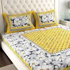 Jaipuri Cotton Double Bedsheet with 2 Pillow Covers | 80x90 Inch | Floral White& Yellow | Traditional Rajasthani Print