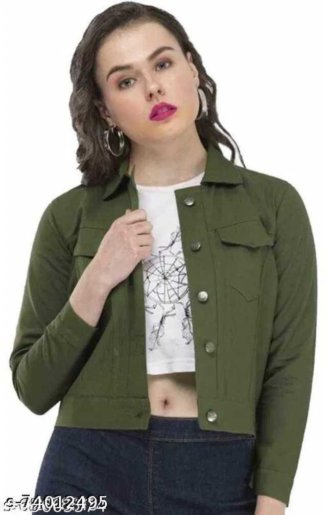 Full Sleeves Solid Jacket for Women & Girls (Olive, L)