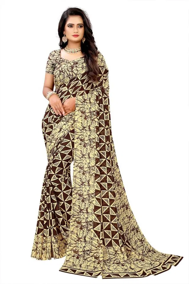 Kanooda Prints Fancy Women Georgette Printed Saree (Brown, 5.5 M) (Kp18)