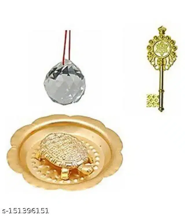 Crystal Ball Wall Hanging with Kuber Kunji & Turtle Showpieces (Gold, Set of 3)