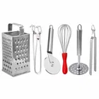 Oc9 स्टेनलेस स्टील 4 in 1 स्लाइसर एंड ग्रेटर & यूटिलिटी पकड़ & पिज़्ज़ा कटर & रोटी चिमटा & पोटैटो मेशर फॉर किचन टूल सेट 
