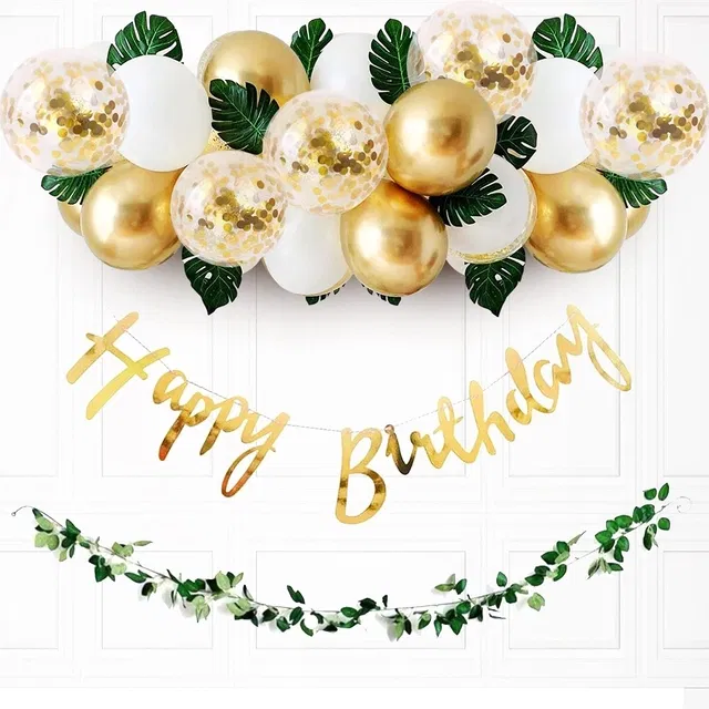Happy Birthday Decoration Kit With Golden Balloons & Artificial Leaves (Set of 36)