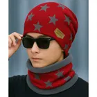 Woolen Printed Cap with Neck Warmer for Men (Maroon, Set of 1)