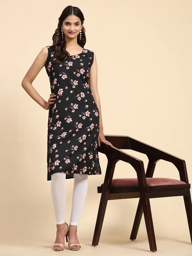 Crepe Printed Kurti for Women (Black, L)