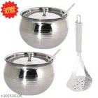 Stainless Steel Oil Container Pot Set (2 Pcs) with Vegetable Masher (Silver, Set of 3)