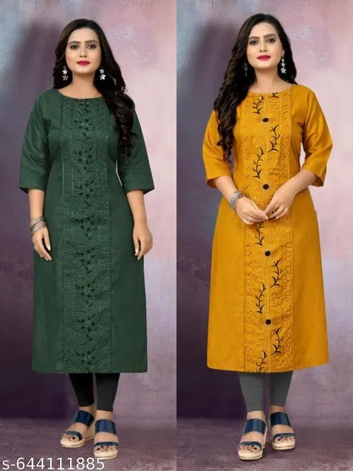 Floral Embroidered Cotton Blend Kurti for Women, Pack of 2 (Green, L)