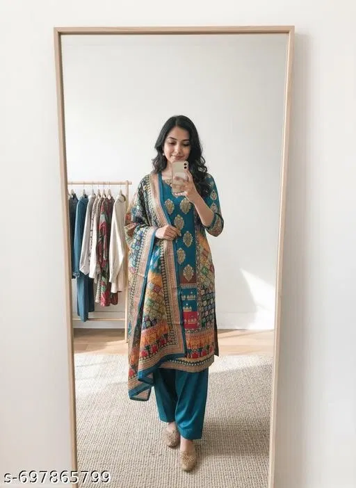 Bandhani Printed Jaipuri Designs Embroidered Top Bottom Duppata for Women (Blue, Un Stitched)