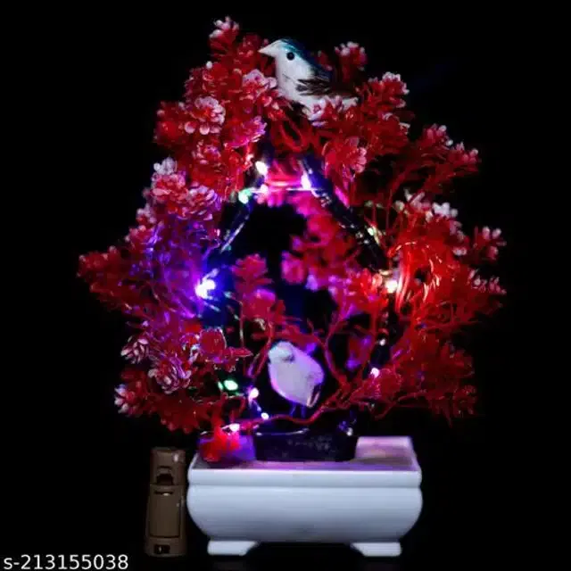 Artificial Bonsai Plant with Sparrow & Light (Red)