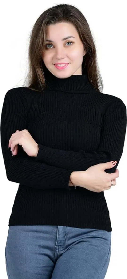 Cotton High Neck Solid Top for Women (Black, L)