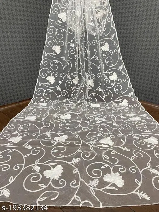 Botanical Embroidered Net Dupatta for Women (White, Free Size)
