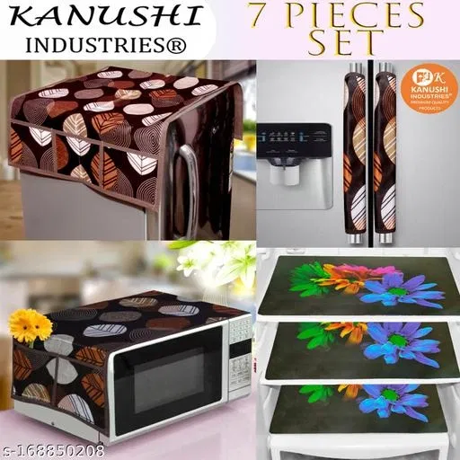 KANUSHI Industries® Fridge/Refrigerator Cove + 1 Pc microwave cover + 2 Pc handle cover + 3 pc Fridge Mats(FRI+MICRO+2-HDL-BROWN-LONG-LEV+M-24)