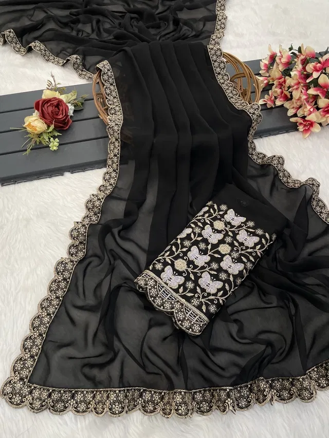 Chiffon Woven Design Saree for Women (Black, 6.3 m)
