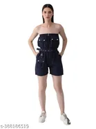 Denim Solid Jumpsuit for Women (Navy Blue, S)