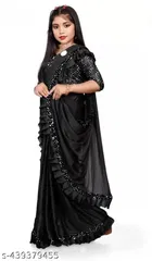 Poly Silk Solid Saree with Blouse for Girls (Black, 3-4 Years)