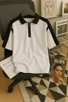 Cotton Blend Colorblocked Polo Neck T-Shirt for Men, White 