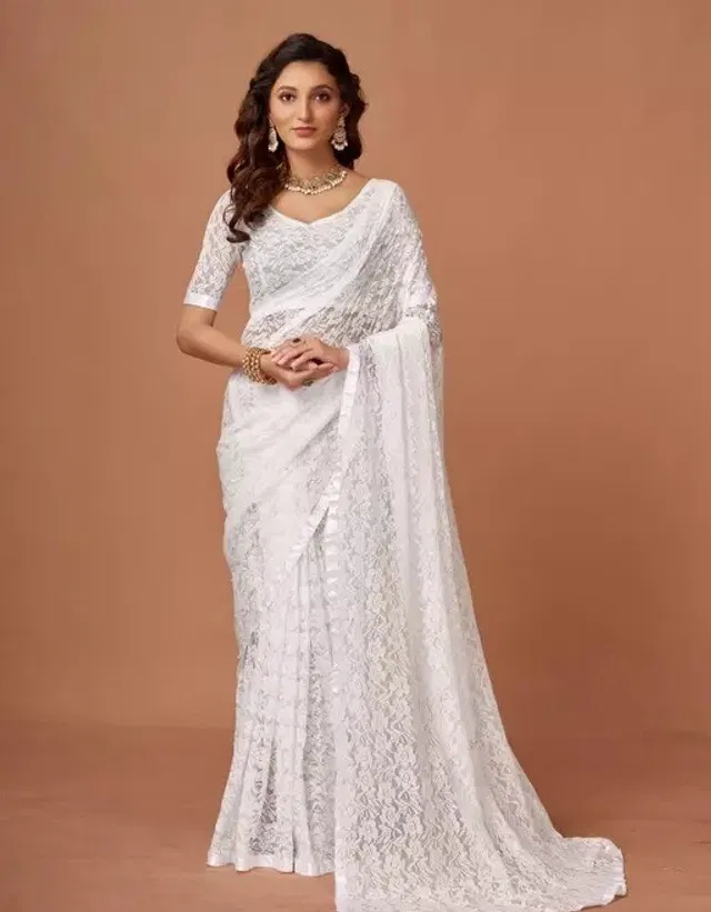 Net Solid Saree for Women (White, 6.3 m)
