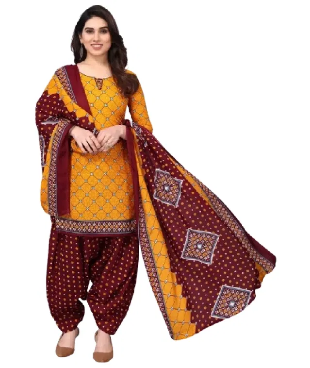 Cotton Blend Printed Unstitched Suit with Dupatta for Women, Yellow(9)