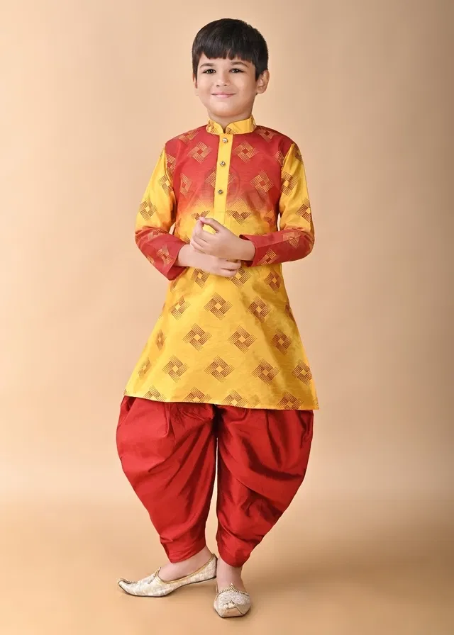 Dupion Silk Printed Kurta with Dhoti for Boys, Yellow & Red (9-10 Years)