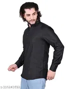 Cotton Blend Solid Short Kurta for Men, Black 