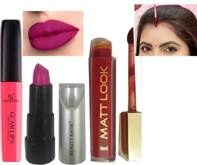 Combo of Half 'N' Half Glam Lips Liquid & Beauty Katie Matte Lipsticks with Matt Look Liquid Sindoor (Multicolor, Set of 3)