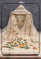 Chanderi Cotton Embroidered Unstitched Suit Fabric, Beige