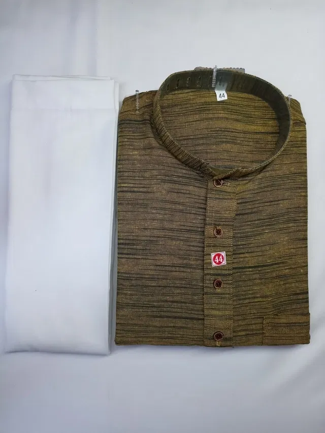 Khadi Cotton Solid Kurta with Pyjama for Men (Olive & White, M)