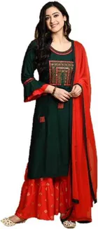 Women Viscose Rayon Embroidered Kurta And Palazzo Set 