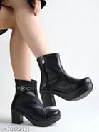 Shoetopia Solid Synthetic High-Top Heeled Boots Black 