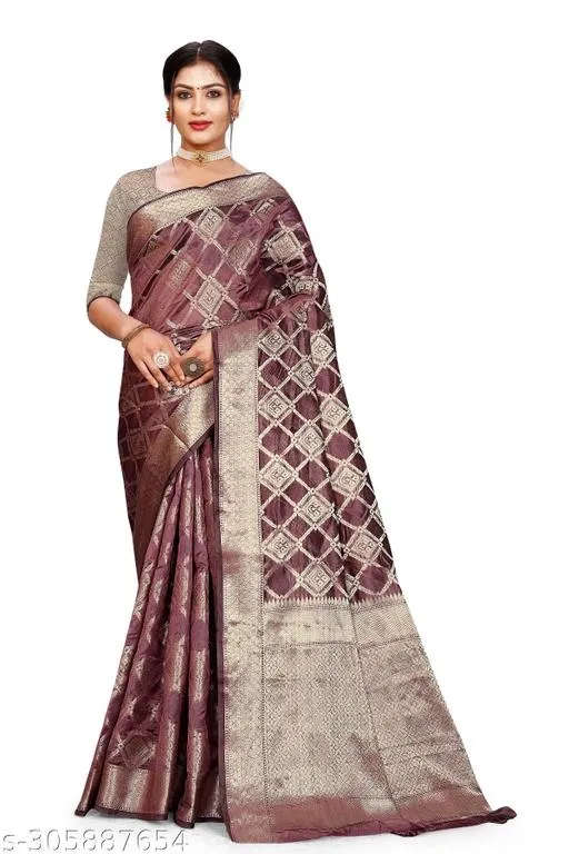 Organza Zari Woven Saree for Women (Wine, 6.3 m)