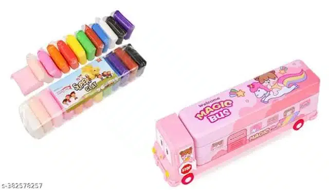 Bus Shaped Pencil Case with 24 Pcs Clay (Multicolor, Set of 2)