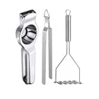 Oc9 Stainless Steel Lemon Squeezer & Roti Chimta & Potato Masher Kitchen Tool Set 