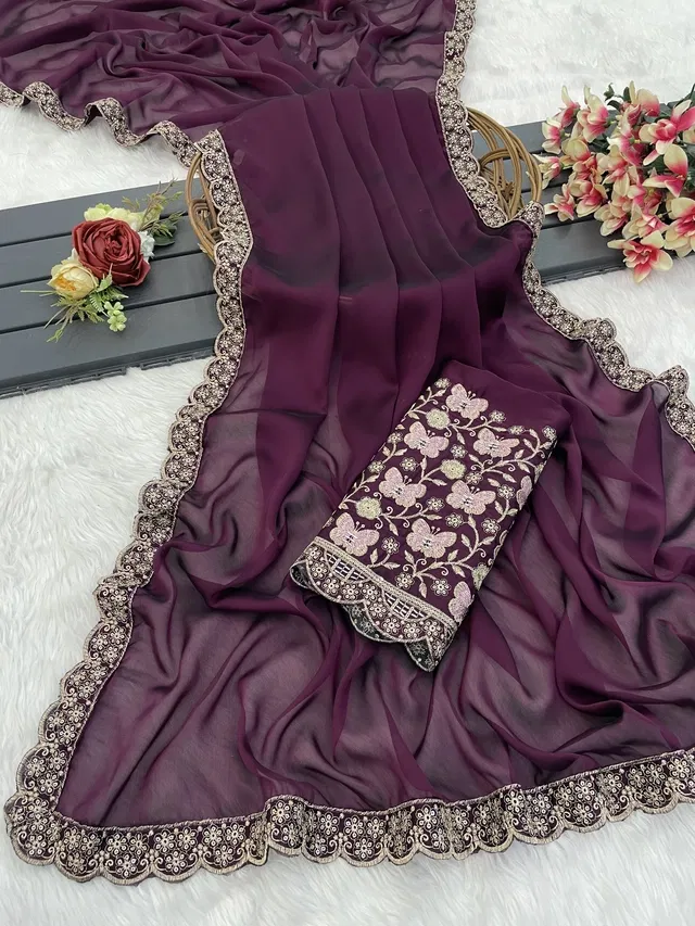 Chiffon Woven Design Saree for Women (Wine, 6.3 m)