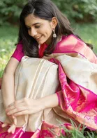 Litchi Silk Zari Embroidered Saree for Women, White 