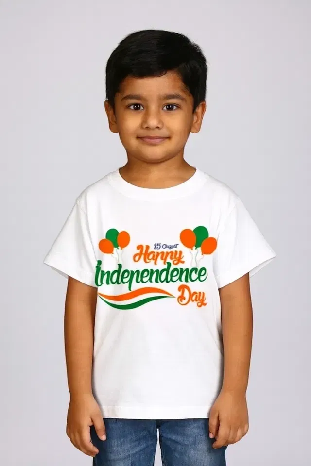Round Neck Independence Day Print T-Shirt for Boys (White, 6-7 Years)