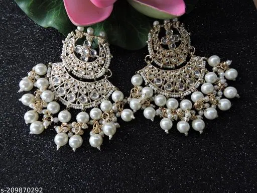 Chandbali Kundan Pearl fitting Big Earrings for Women (White, Free Size)