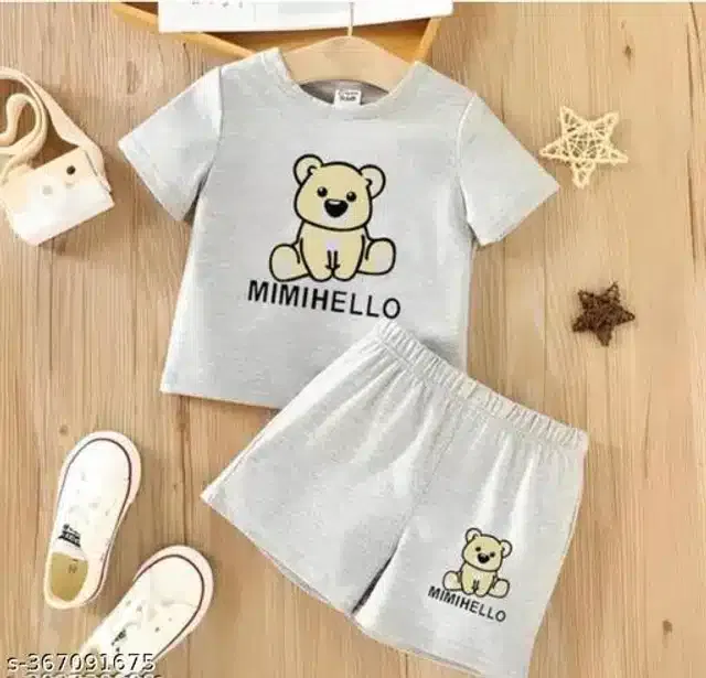 Cotton Half Sleeves T-Shirt with Pant Clothing Set for Kids (Light Grey, 3-6 Months)