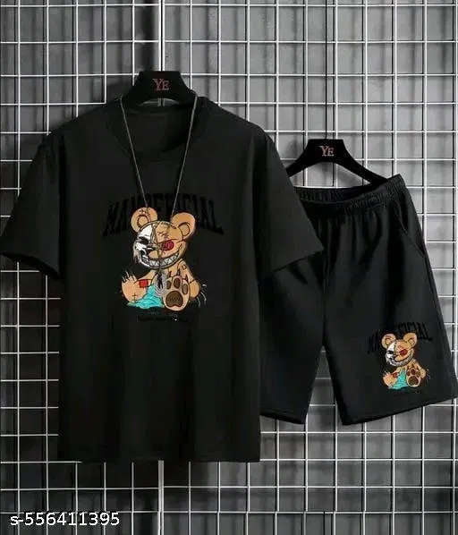 Cotton Blend Printed Top & Bottom Set for Men, Black (XL)