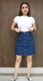 Denim Solid Skirt for Women (Blue, 28)