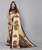 Art Silk Printed Saree for Women, Beige 