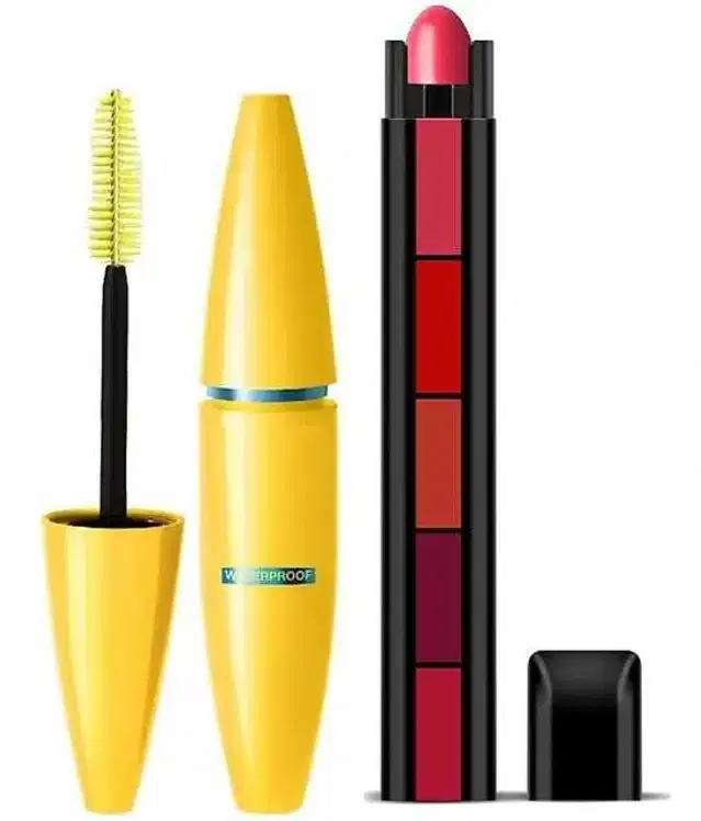 Lenon Makeup Accessory Beauty Black Mascara & 5 Step Creme Lipstick Multi (Pack of 2) (20 g) (D223)