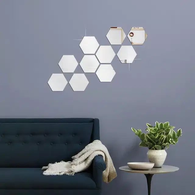 Acrylic Hexagon Shaped Wall Mirror Stickers (Silver, Pack of 10)