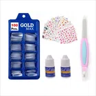 Artificial Nails (100 Pcs) with Nail Art Sticker (10 Pcs), Glue (2 Pcs)& Nail Filer (Transparent, Combo of 4)