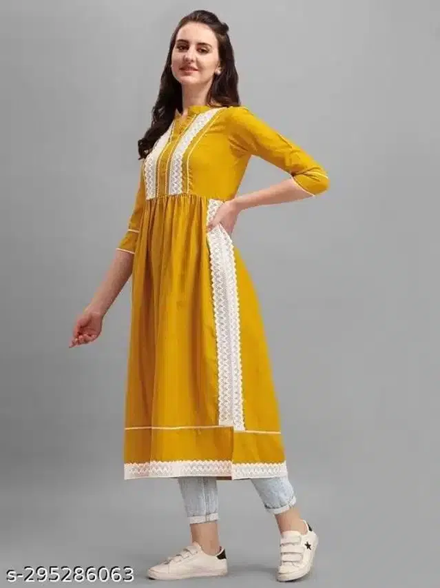 Naira Cut Rayon Embellished Kurti for Women (Mustard, XXL)