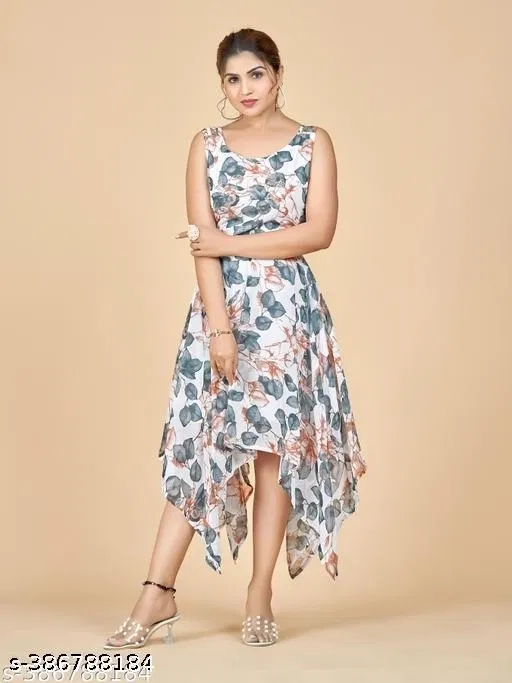 Georgette Botanical Print Fit and Flare Gown for Women ( White,S )